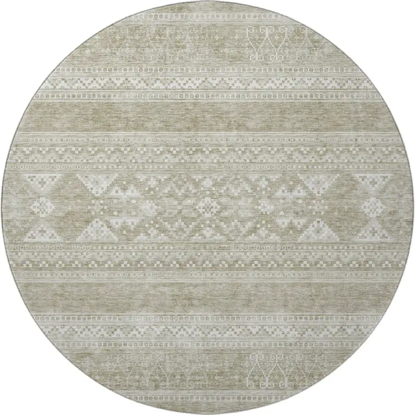 8' Khaki And Ivory Southwestern Washable Round Rug With UV Protection Photo 3