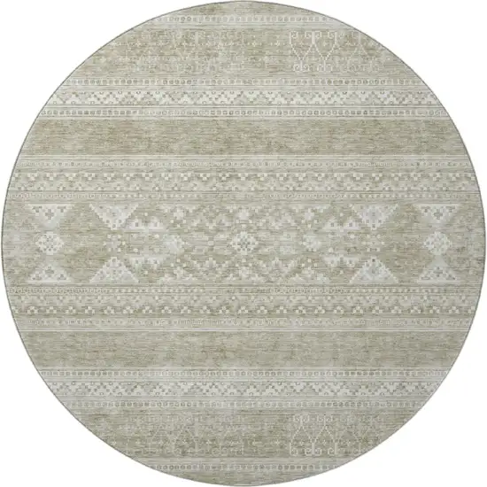 8' Khaki And Ivory Southwestern Washable Round Rug With UV Protection Photo 4