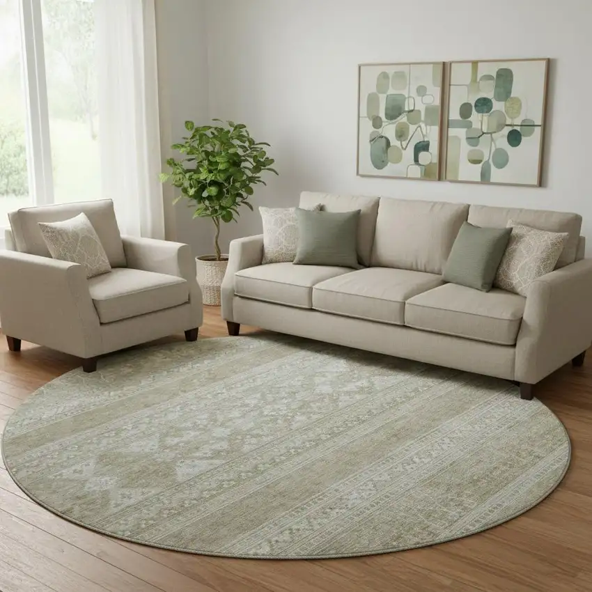 8' Khaki And Ivory Southwestern Washable Round Rug With UV Protection Photo 1