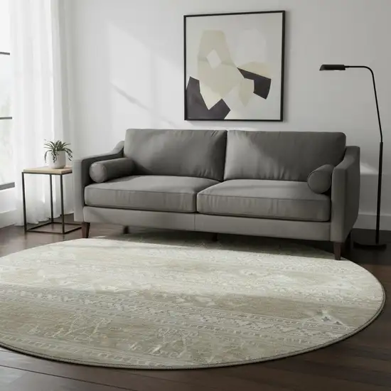 8' Khaki And Ivory Southwestern Washable Round Rug With UV Protection Photo 2