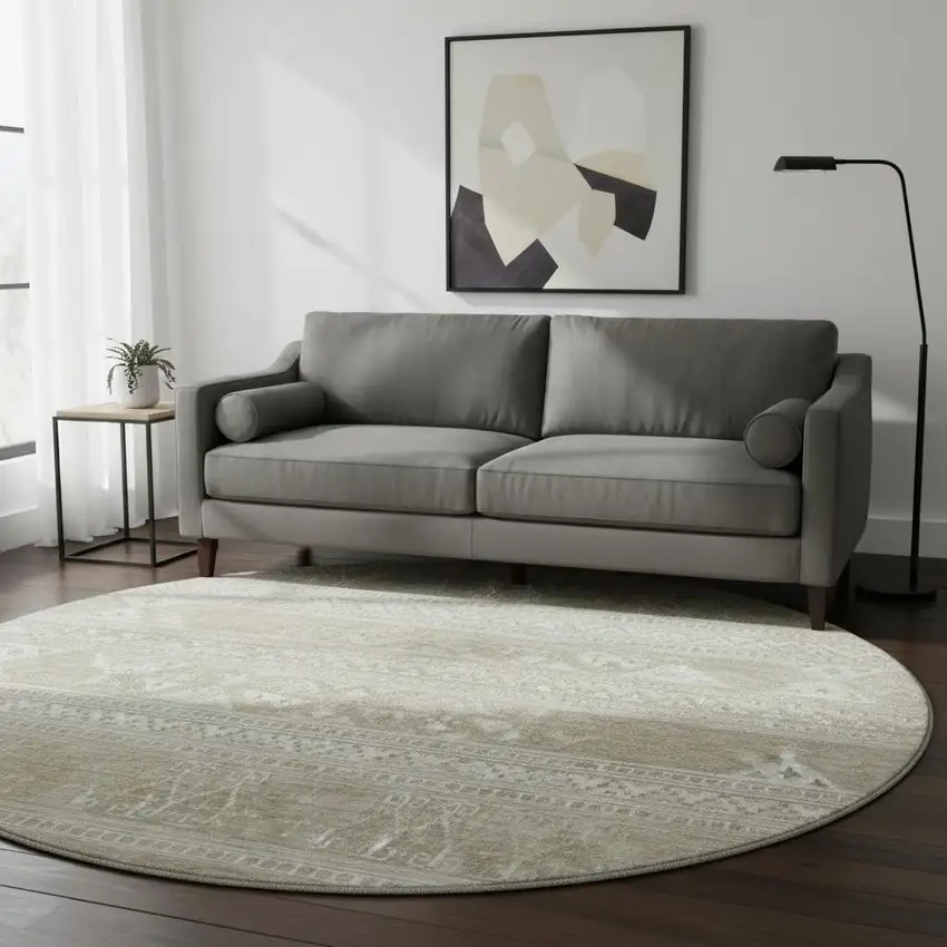 8' Khaki And Ivory Southwestern Washable Round Rug With UV Protection Photo 2