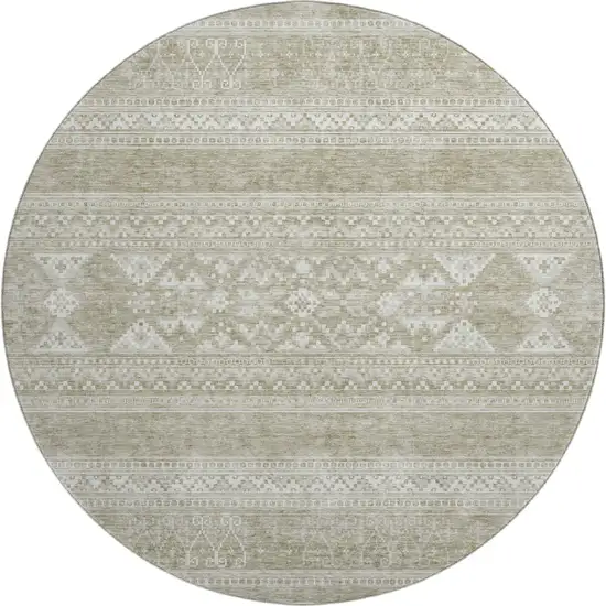 8' Khaki And Ivory Southwestern Washable Round Rug With UV Protection Photo 2