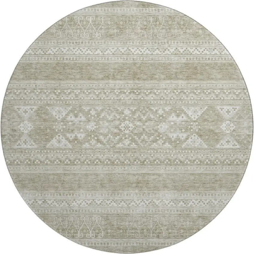 8' Khaki And Ivory Southwestern Washable Round Rug With UV Protection Photo 2
