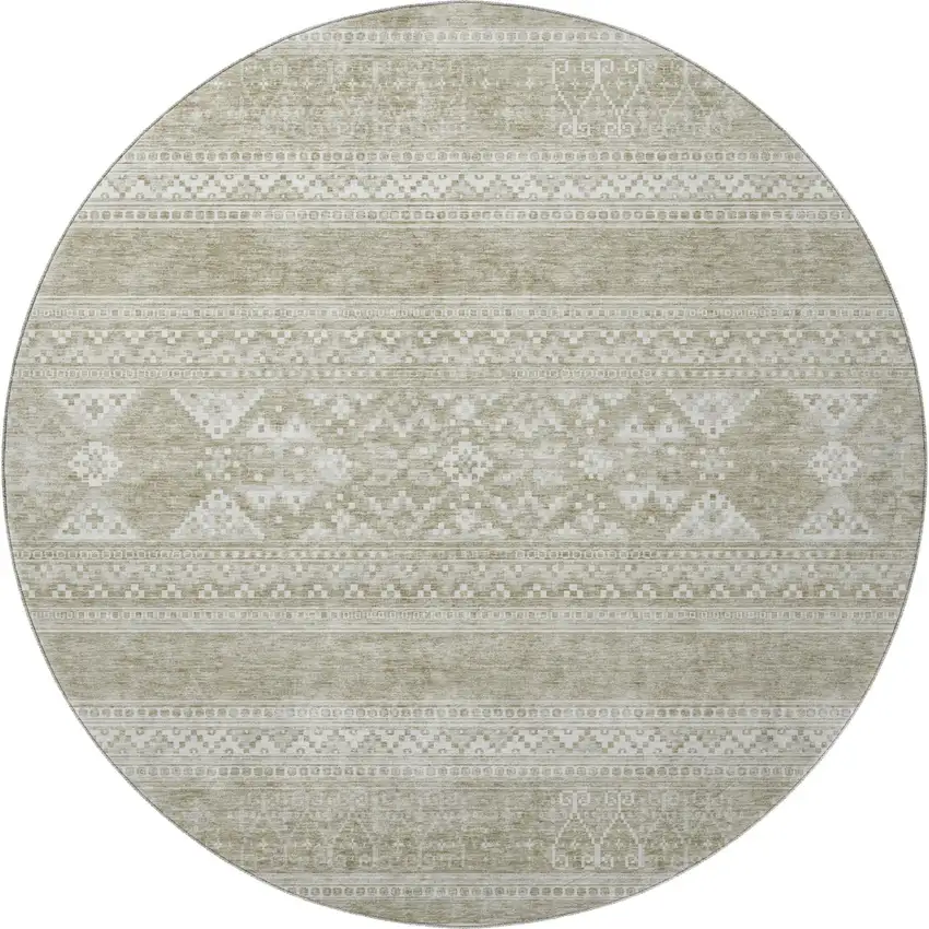 8' Khaki And Ivory Southwestern Washable Round Rug With UV Protection Photo 3