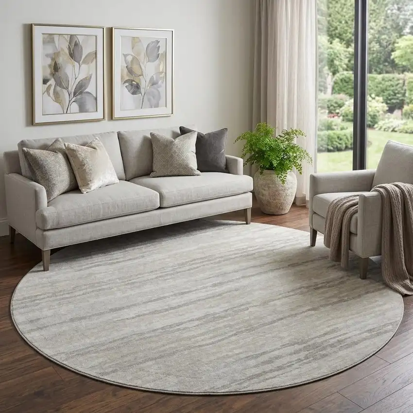 8' Khaki And Ivory Striped Washable Round Rug With UV Protection Photo 1