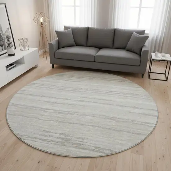 8' Khaki And Ivory Striped Washable Round Rug With UV Protection Photo 1