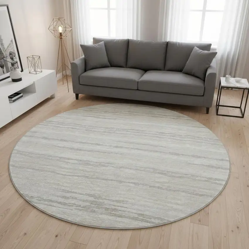 8' Khaki And Ivory Striped Washable Round Rug With UV Protection Photo 1