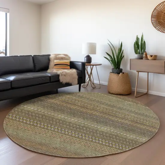 8' Khaki And Ivory Striped Washable Round Rug With UV Protection Photo 5