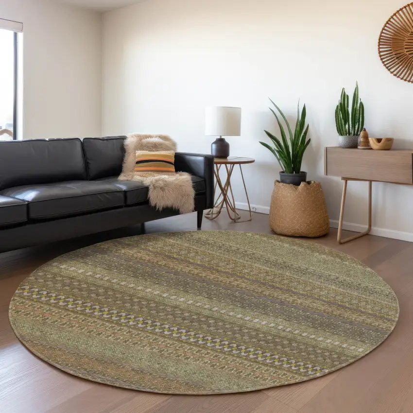 8' Khaki And Ivory Striped Washable Round Rug With UV Protection Photo 5