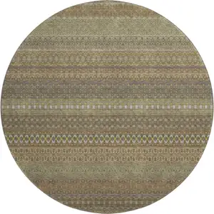 Photo of 8' Khaki And Ivory Striped Washable Round Rug With UV Protection