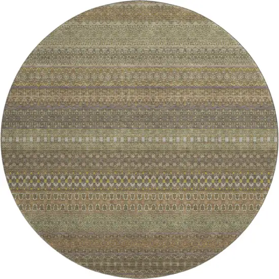 8' Khaki And Ivory Striped Washable Round Rug With UV Protection Photo 1