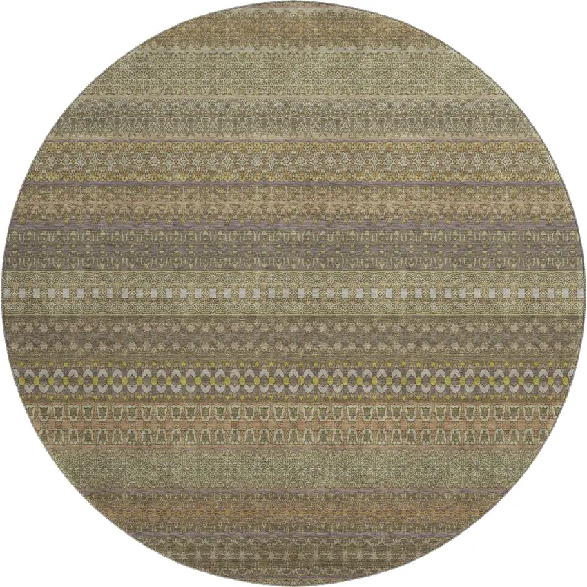 8' Khaki And Ivory Striped Washable Round Rug With UV Protection Photo 1