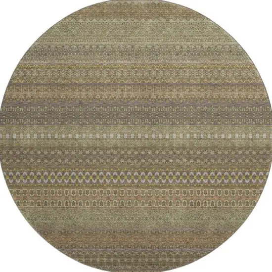 8' Khaki And Ivory Striped Washable Round Rug With UV Protection Photo 4