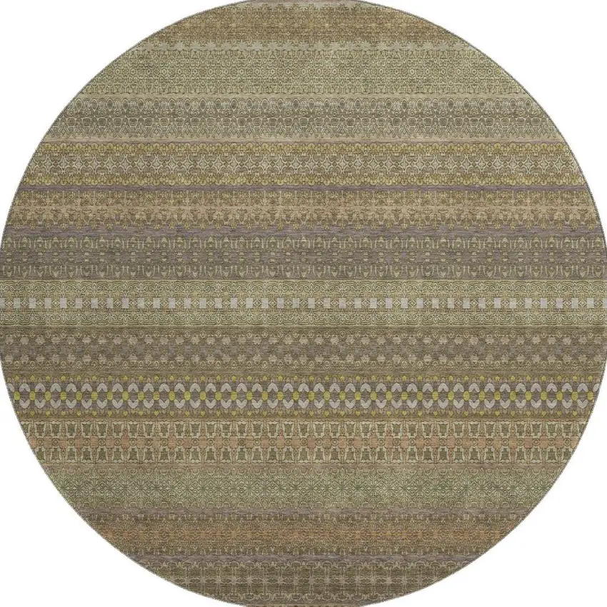 8' Khaki And Ivory Striped Washable Round Rug With UV Protection Photo 4