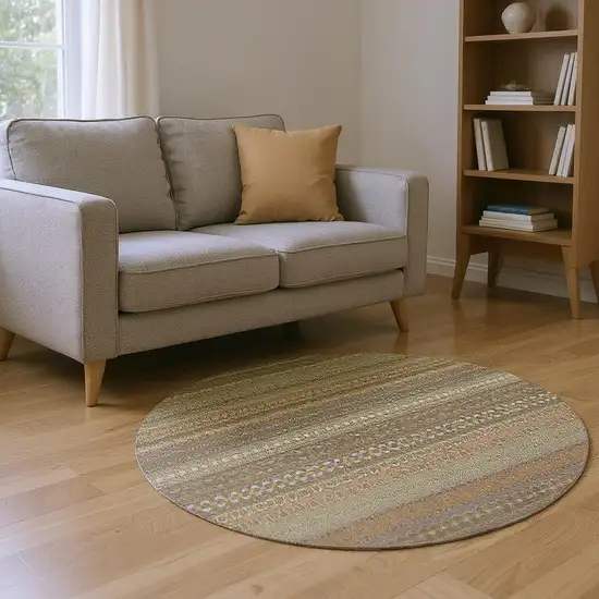 8' Khaki And Ivory Striped Washable Round Rug With UV Protection Photo 2