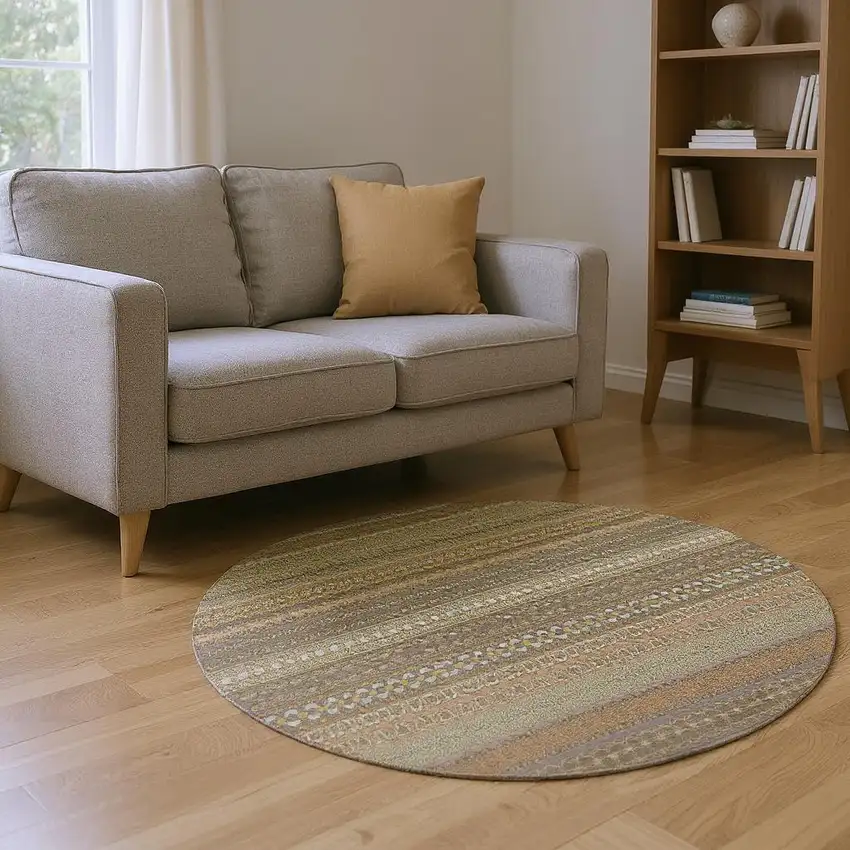 8' Khaki And Ivory Striped Washable Round Rug With UV Protection Photo 2