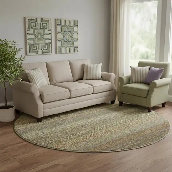 8' Khaki And Ivory Striped Washable Round Rug With UV Protection Photo 1