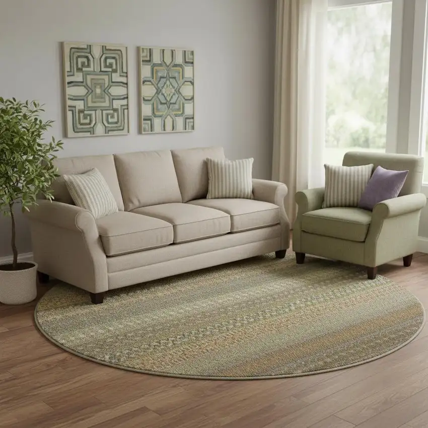 8' Khaki And Ivory Striped Washable Round Rug With UV Protection Photo 1