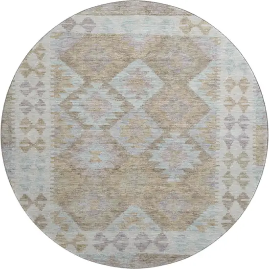8' Khaki And Ivory Tribal Washable Round Rug With UV Protection Photo 2
