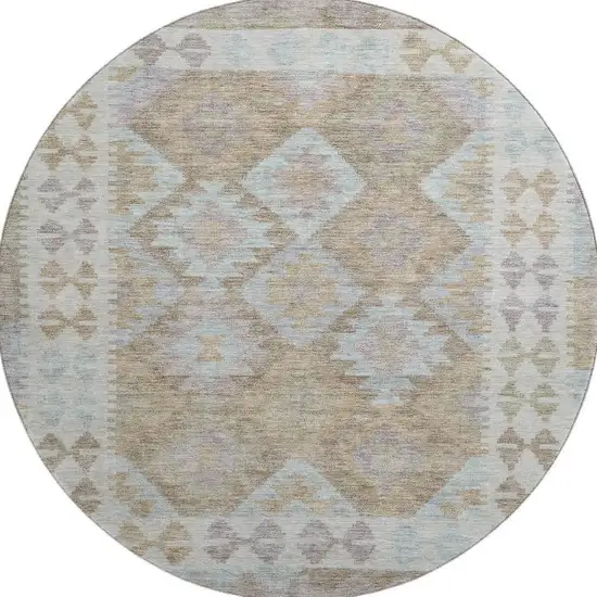8' Khaki And Ivory Tribal Washable Round Rug With UV Protection Photo 4
