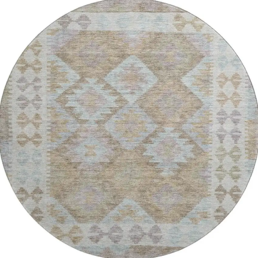 8' Khaki And Ivory Tribal Washable Round Rug With UV Protection Photo 4
