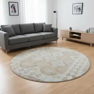 Photo of 8' Khaki And Ivory Tribal Washable Round Rug With UV Protection
