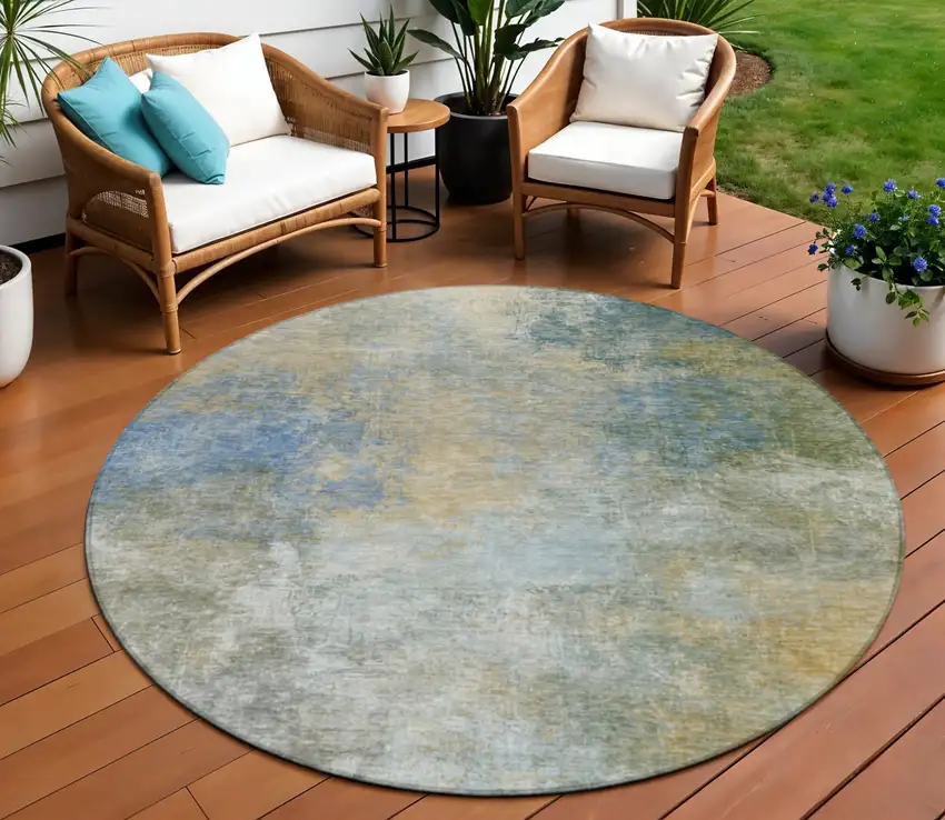 8' Khaki And Navy Blue Round Abstract Washable Indoor Outdoor Area Rug Photo 3