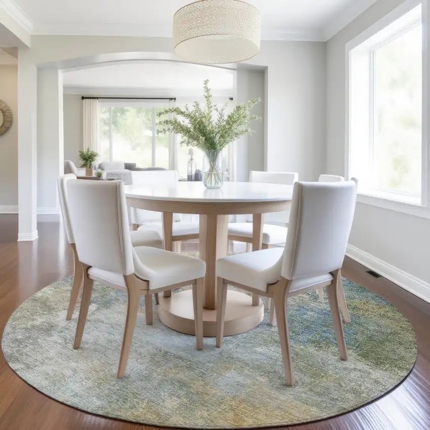 8' Khaki And Navy Blue Round Abstract Washable Indoor Outdoor Area Rug Photo 7