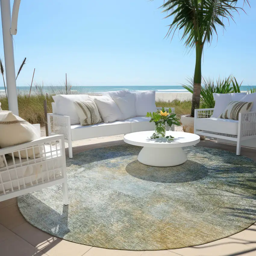 8' Khaki And Navy Blue Round Abstract Washable Indoor Outdoor Area Rug Photo 6