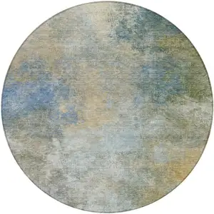 Photo of 8' Khaki And Navy Blue Round Abstract Washable Indoor Outdoor Area Rug