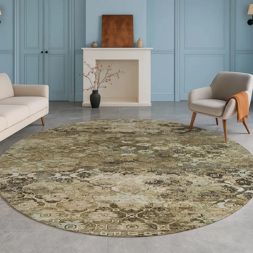 8' Khaki And Olive Green Round Abstract Washable Indoor Outdoor Area Rug Photo 5