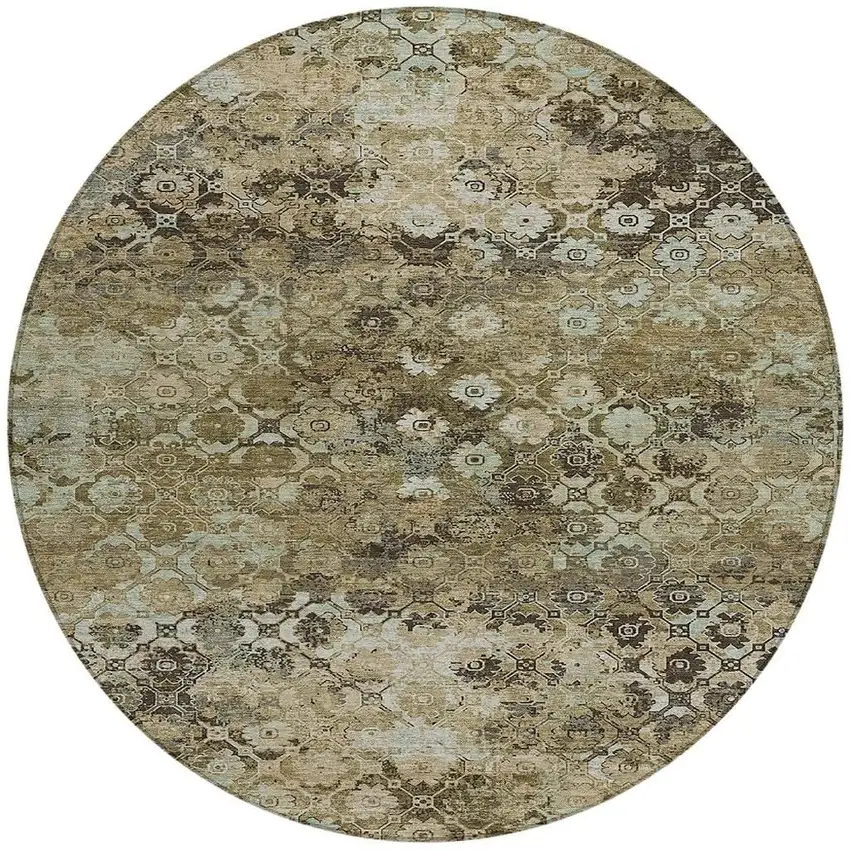 8' Khaki And Olive Green Round Abstract Washable Indoor Outdoor Area Rug Photo 3