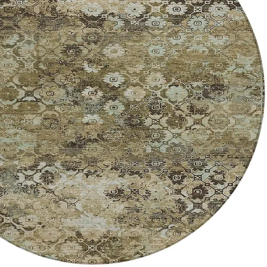 8' Khaki And Olive Green Round Abstract Washable Indoor Outdoor Area Rug Photo 2