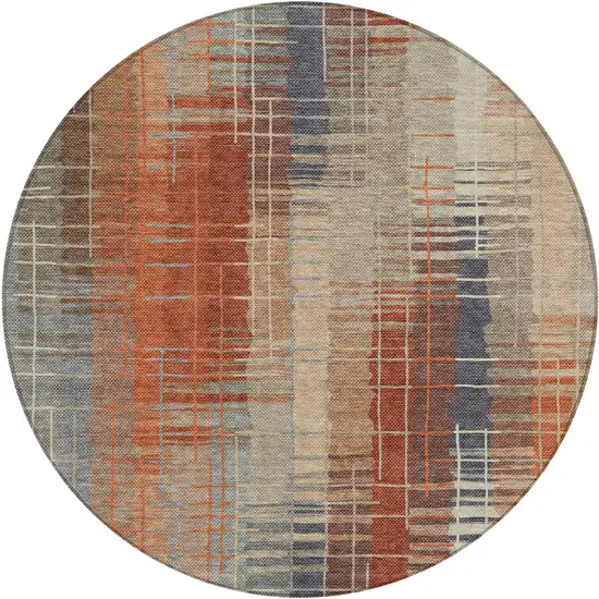 8' Khaki And Rust Round Striped Washable Indoor Outdoor Area Rug Photo 2