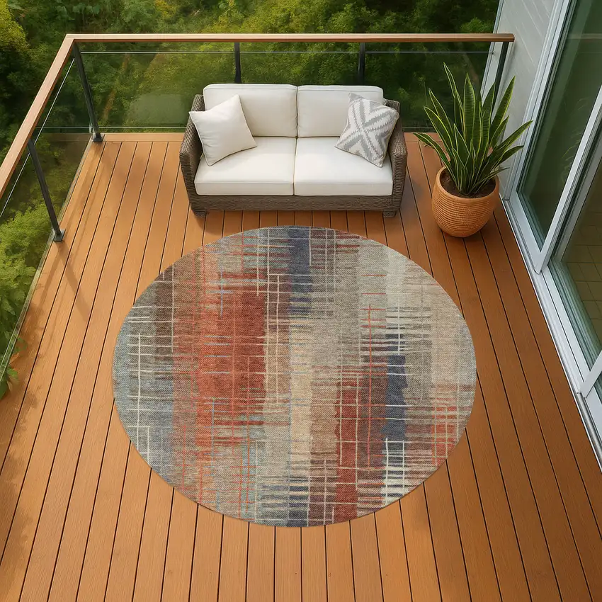 8' Khaki And Rust Round Striped Washable Indoor Outdoor Area Rug Photo 8