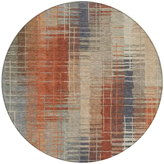 8' Khaki And Rust Round Striped Washable Indoor Outdoor Area Rug Photo 4