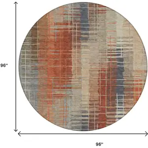 Photo of 8' Khaki And Rust Round Striped Washable Indoor Outdoor Area Rug