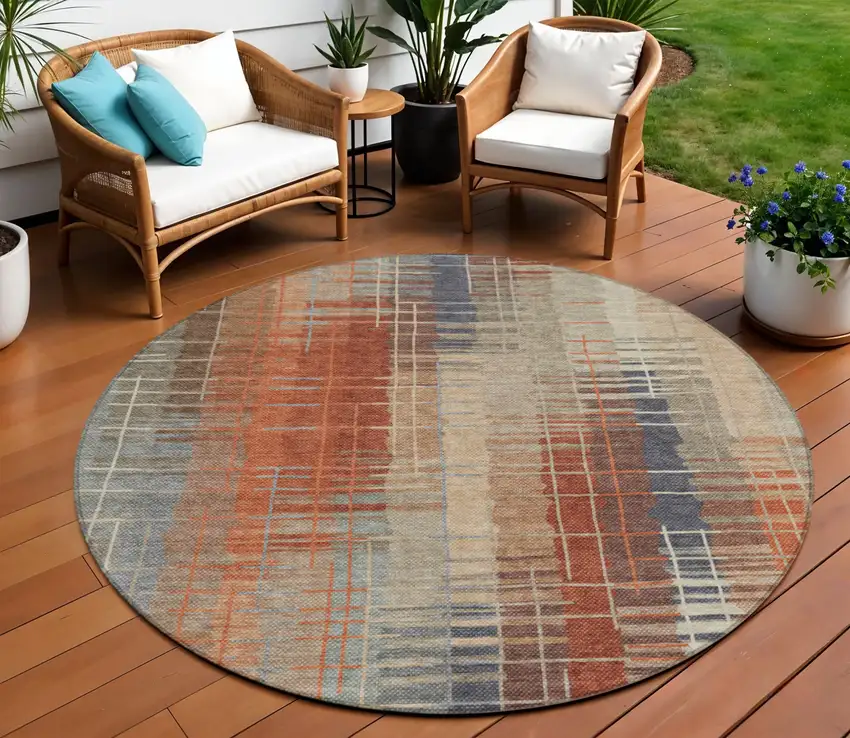 8' Khaki And Rust Round Striped Washable Indoor Outdoor Area Rug Photo 1