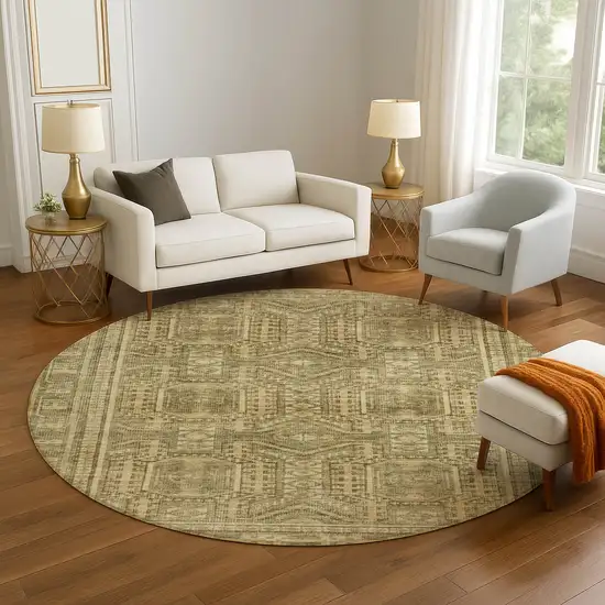 8' Khaki And Taupe Geometric Washable Round Rug With UV Protection Photo 5
