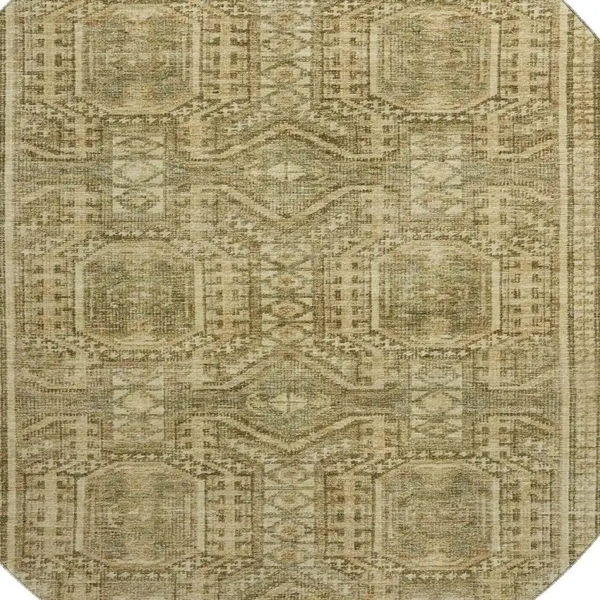 8' Khaki And Taupe Geometric Washable Round Rug With UV Protection Photo 3