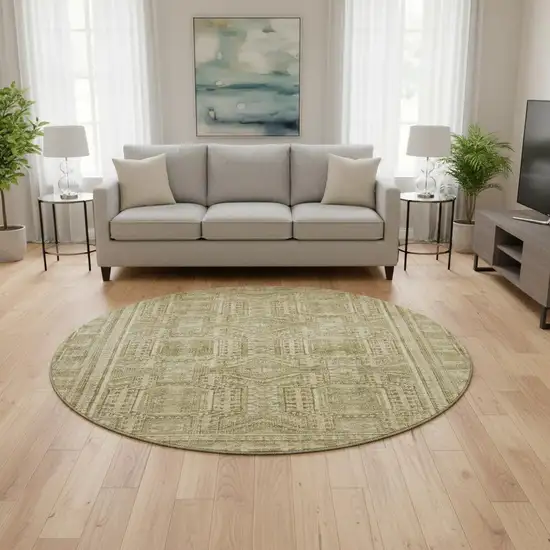 8' Khaki And Taupe Geometric Washable Round Rug With UV Protection Photo 2
