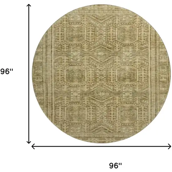 8' Khaki And Taupe Geometric Washable Round Rug With UV Protection Photo 9