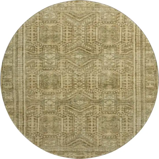 8' Khaki And Taupe Geometric Washable Round Rug With UV Protection Photo 1