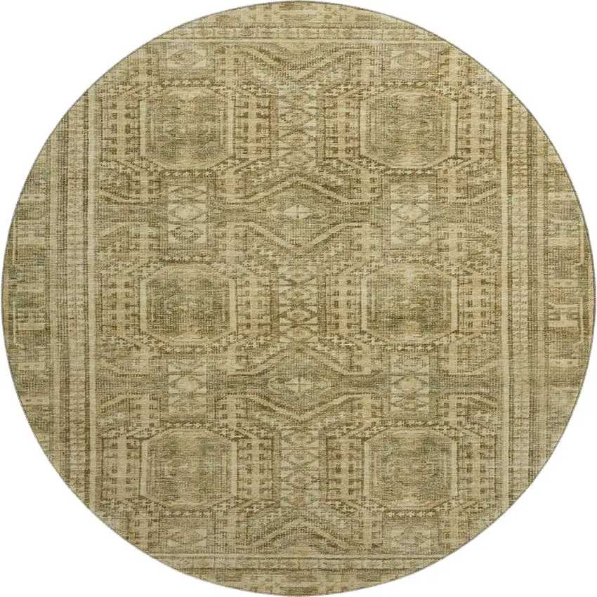 8' Khaki And Taupe Geometric Washable Round Rug With UV Protection Photo 1
