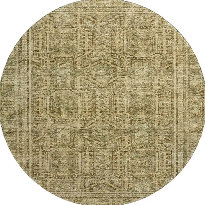 8' Khaki And Taupe Geometric Washable Round Rug With UV Protection Photo 4