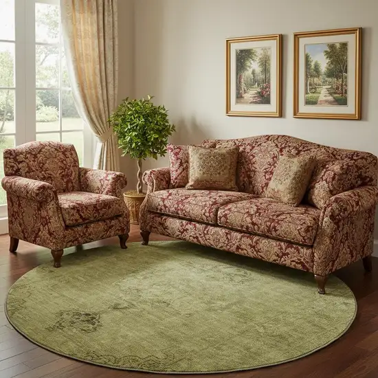 8' Khaki And Taupe Oriental Washable Round Rug With UV Protection Photo 1