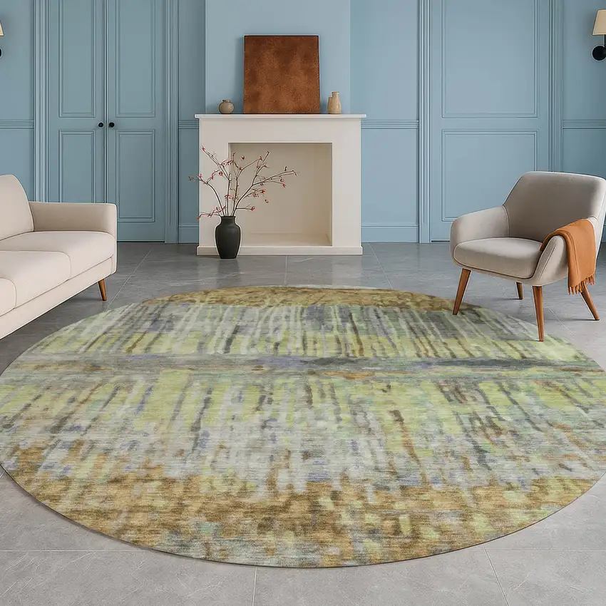 8' Khaki And Taupe Round Abstract Washable Indoor Outdoor Area Rug Photo 5