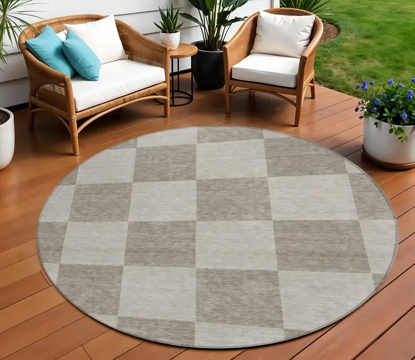 8' Khaki And Taupe Round Geometric Washable Indoor Outdoor Area Rug Photo 1