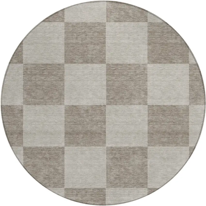 8' Khaki And Taupe Round Geometric Washable Indoor Outdoor Area Rug Photo 2