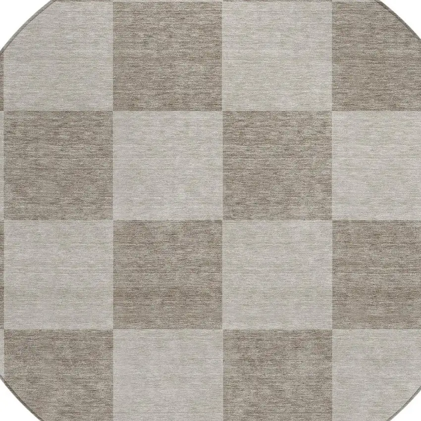 8' Khaki And Taupe Round Geometric Washable Indoor Outdoor Area Rug Photo 6